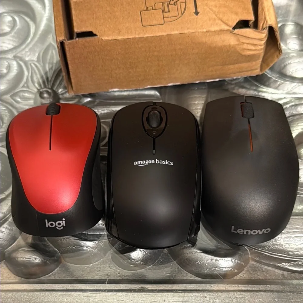Logi, Amazon Basics, and Lenovo Wireless Mouse Set